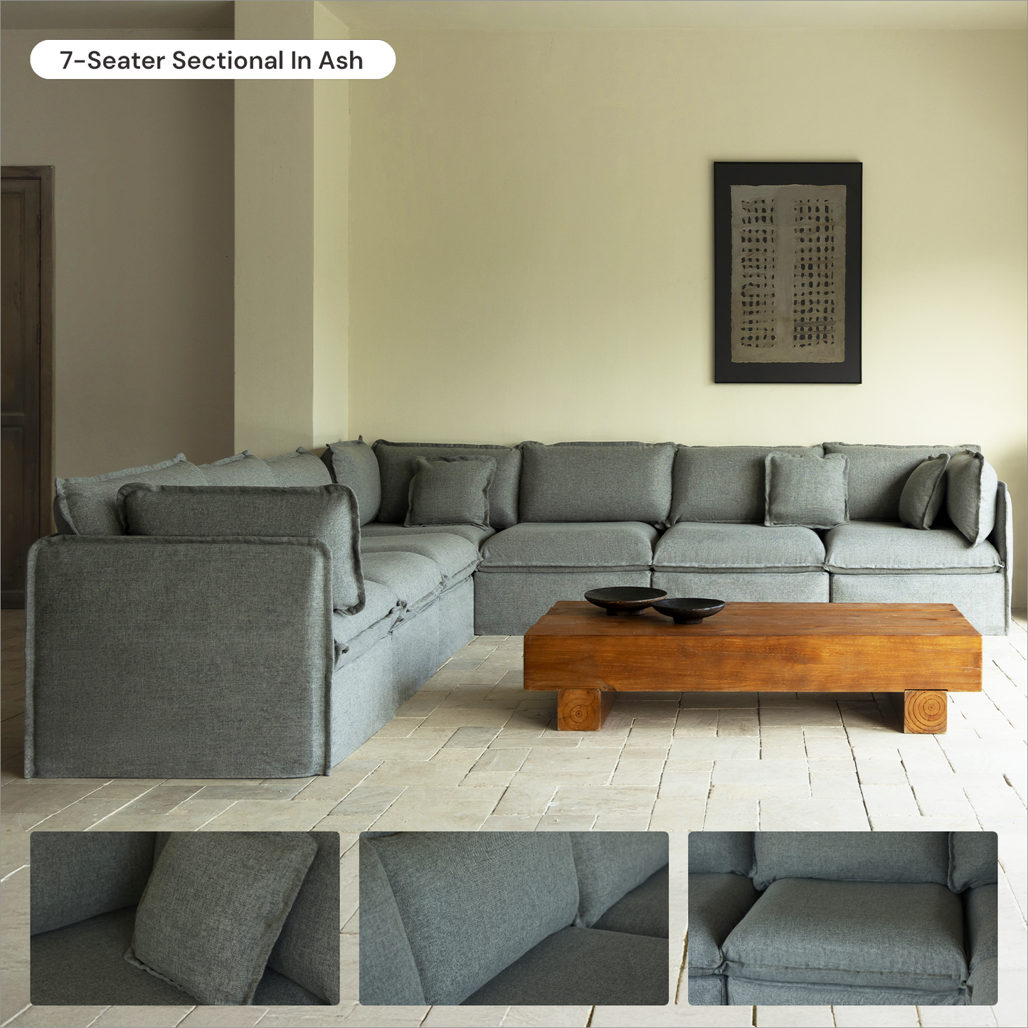 Modular Washable 8-Seater Open-Ends U-Sectional + Ottoman in Ash | Deluxe+ Seat | Cloud Pillow