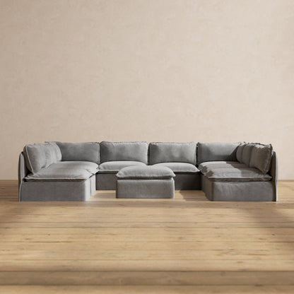 Modular Washable 8-Seater Open-Ends U-Sectional + Ottoman in Ash | Deluxe+ Seat | Cloud Pillow