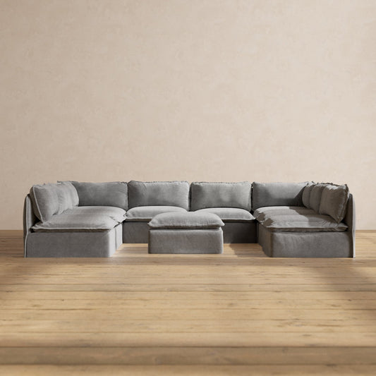 Modular Washable 8-Seater Open-Ends U-Sectional + Ottoman in Ash | Deluxe+ Seat | Cloud Pillow