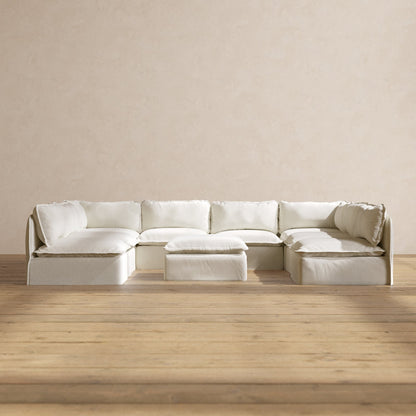 Modular Washable 8-Seater Open-Ends U-Sectional + Ottoman in Eggshell | Deluxe+ Seat | Cloud Pillow