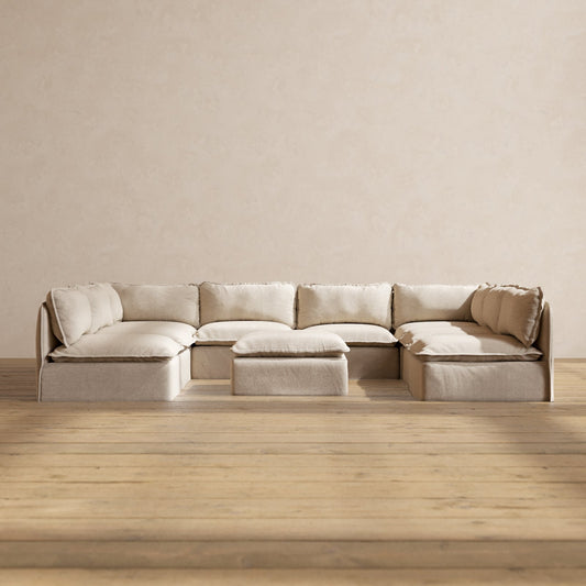 Modular Washable 8-Seater Open-Ends U-Sectional + Ottoman in Oat | Deluxe+ Seat | Cloud Pillow