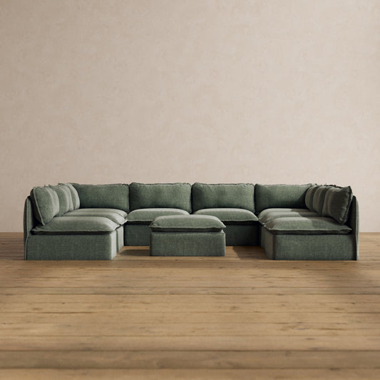 Modular Washable 8-Seater Open-Ends U-Sectional + Ottoman in Willow | Deluxe+ Seat | Cloud Pillow
