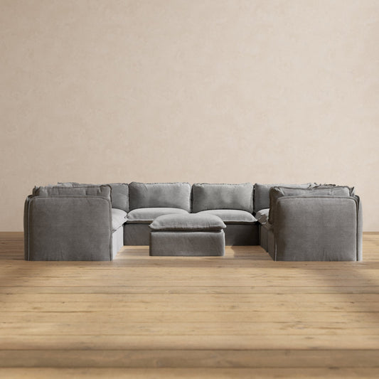 Modular Washable 8-Seater U-Sectional + Ottoman in Ash | Deluxe+ Seat | Cloud Pillow