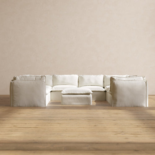 Modular Washable 8-Seater U-Sectional + Ottoman in Eggshell | Deluxe+ Seat | Cloud Pillow
