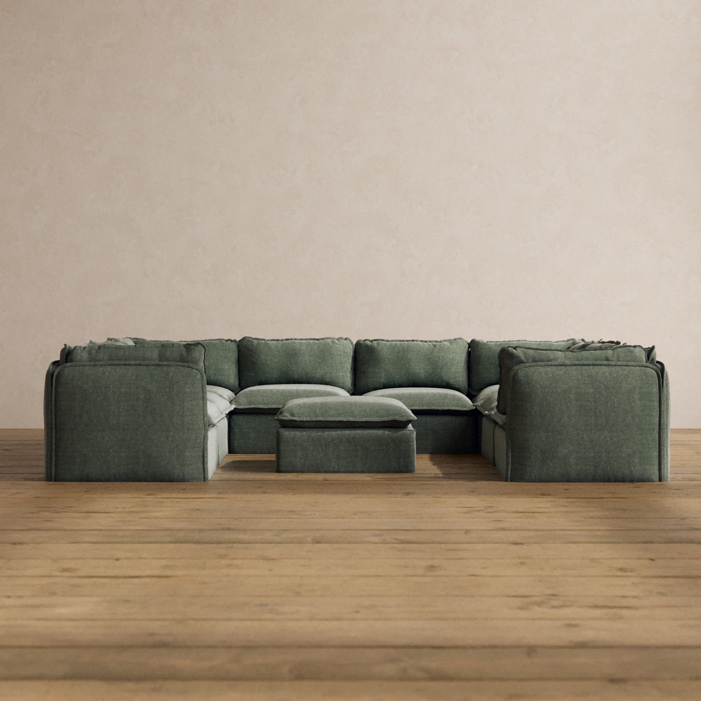 Modular Washable 8-Seater U-Sectional + Ottoman in Willow | Deluxe+ Seat | Cloud Pillow