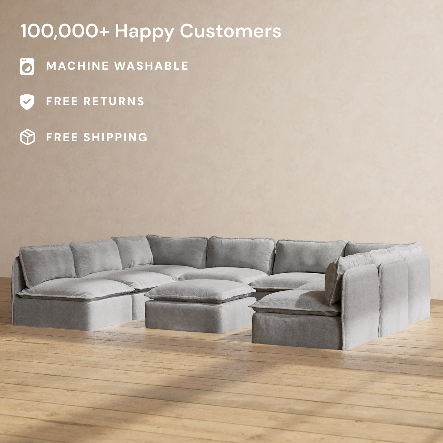 Modular Washable 8-Seater Open-Ends U-Sectional + Ottoman in Ash | Deluxe+ Seat | Cloud Pillow