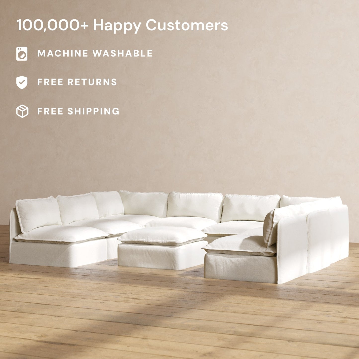 Modular Washable 8-Seater Open-Ends U-Sectional + Ottoman in Eggshell | Deluxe+ Seat | Cloud Pillow