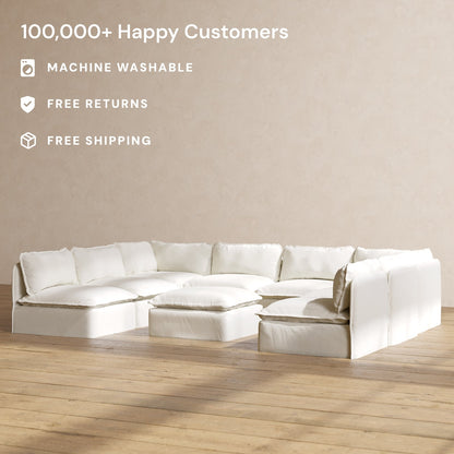 Modular Washable 8-Seater Open-Ends U-Sectional + Ottoman in Eggshell | Deluxe+ Seat | Cloud Pillow