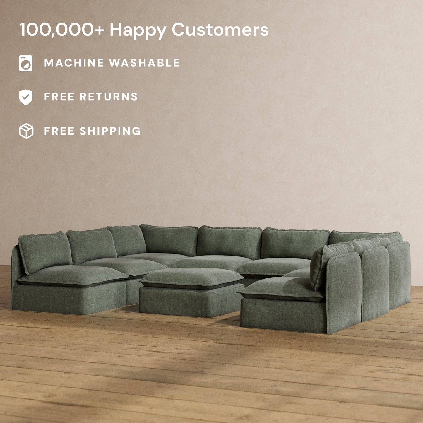 Modular Washable 8-Seater Open-Ends U-Sectional + Ottoman in Willow | Deluxe+ Seat | Cloud Pillow