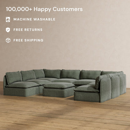 Modular Washable 8-Seater Open-Ends U-Sectional + Ottoman in Willow | Deluxe+ Seat | Cloud Pillow
