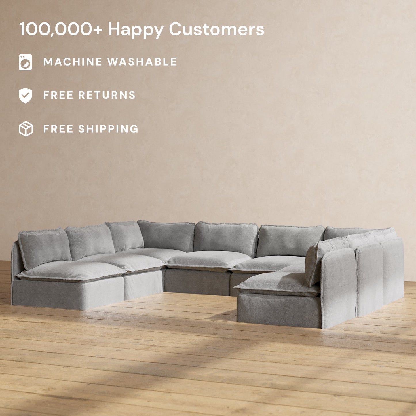 Modular Washable 8-Seater Open-Ends U-Sectional in Ash | Deluxe+ Seat | Cloud Pillow