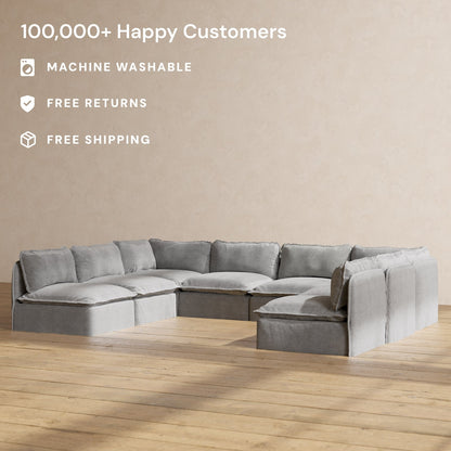 Modular Washable 8-Seater Open-Ends U-Sectional in Ash | Deluxe+ Seat | Cloud Pillow