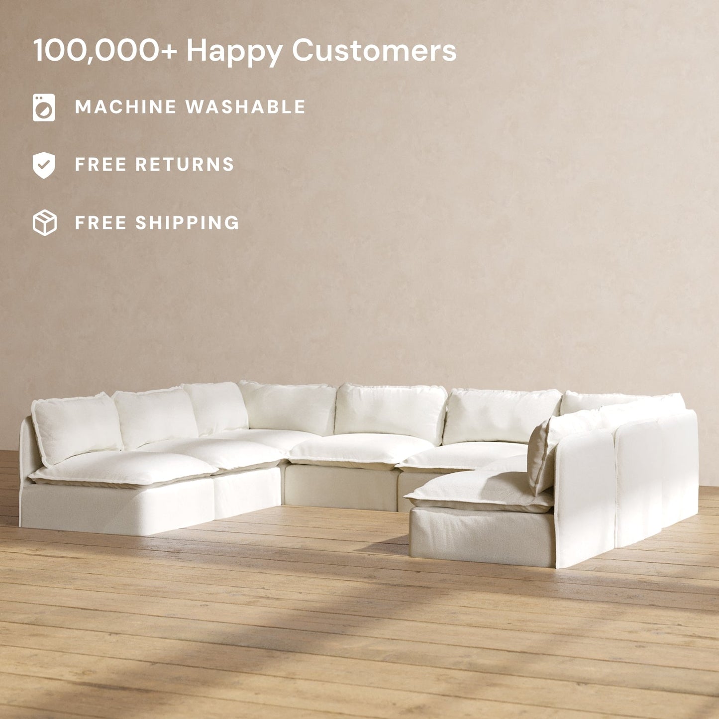 Modular Washable 8-Seater Open-Ends U-Sectional in Eggshell | Deluxe+ Seat | Cloud Pillow