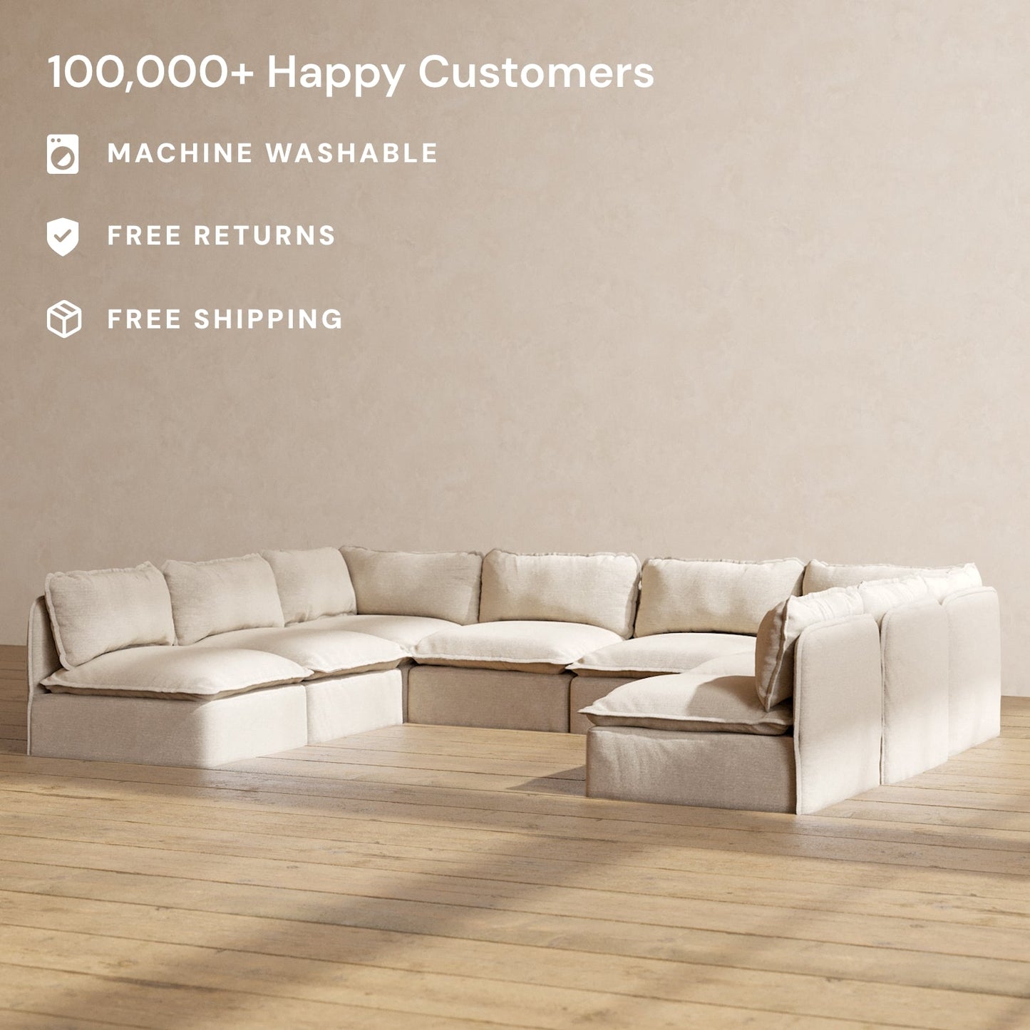Modular Washable 8-Seater Open-Ends U-Sectional in Oat | Deluxe+ Seat | Cloud Pillow