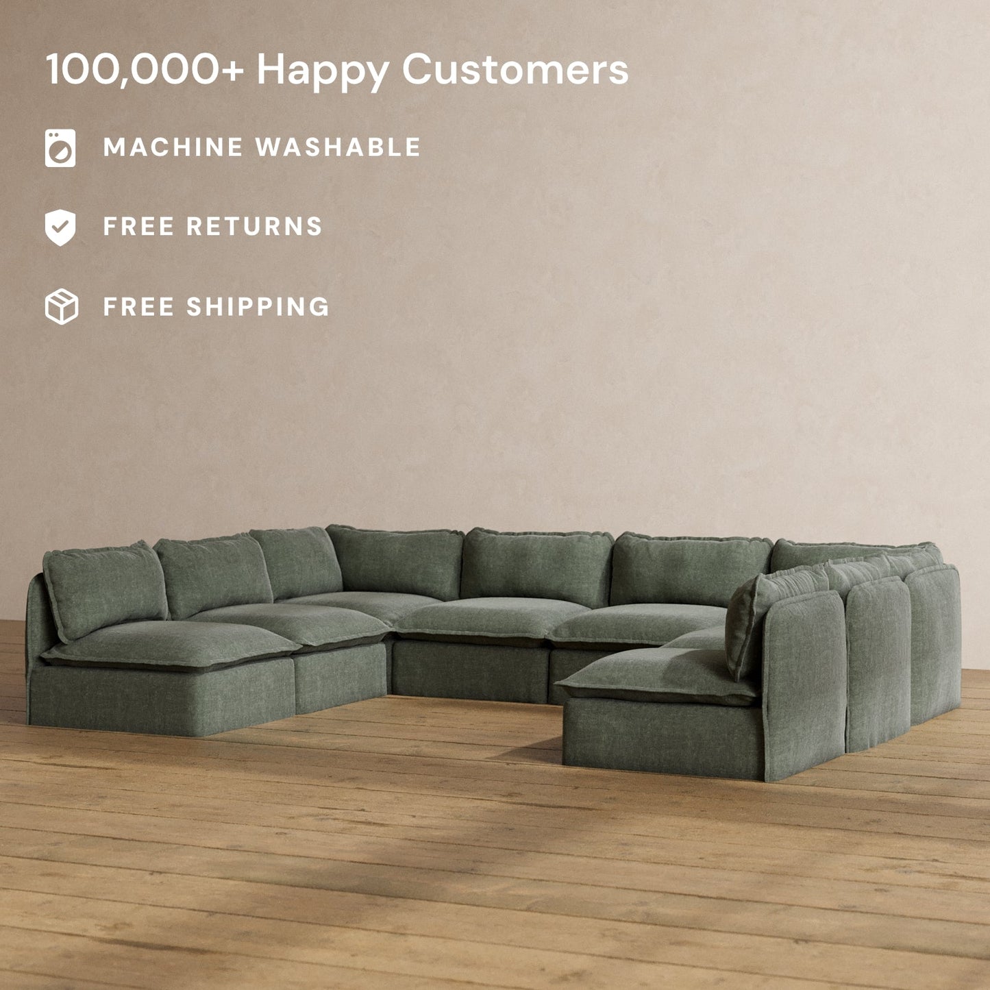 Modular Washable 8-Seater Open-Ends U-Sectional in Willow | Deluxe+ Seat | Cloud Pillow