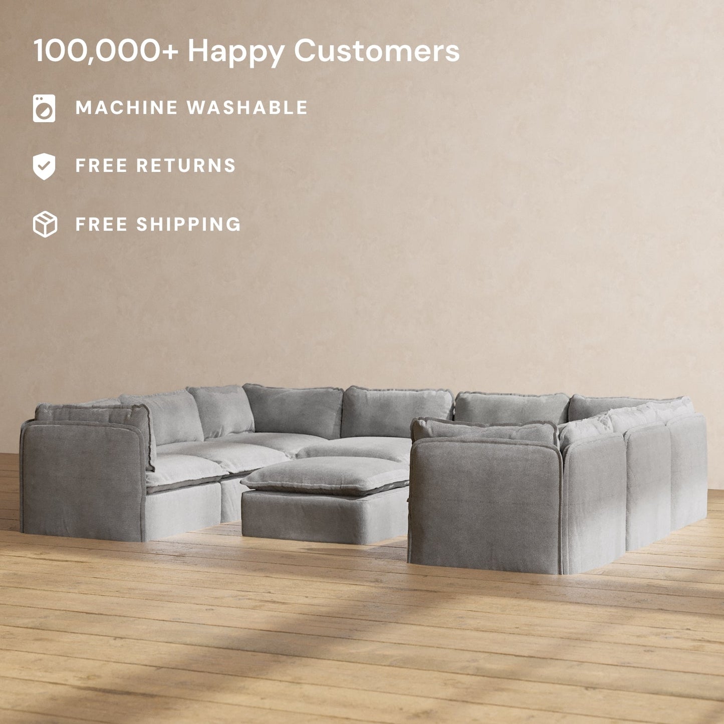 Modular Washable 8-Seater U-Sectional + Ottoman in Ash | Deluxe+ Seat | Cloud Pillow