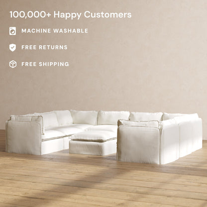 Modular Washable 8-Seater U-Sectional + Ottoman in Eggshell | Deluxe+ Seat | Cloud Pillow