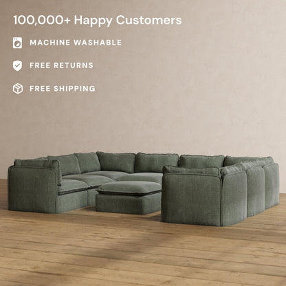 Modular Washable 8-Seater U-Sectional + Ottoman in Willow | Deluxe+ Seat | Cloud Pillow