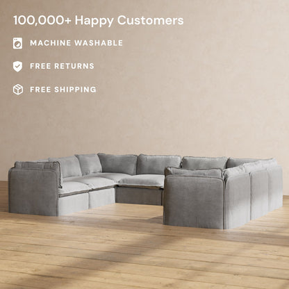 Modular Washable 8-Seater U-Sectional in Ash | Deluxe+ Seat | Cloud Pillow