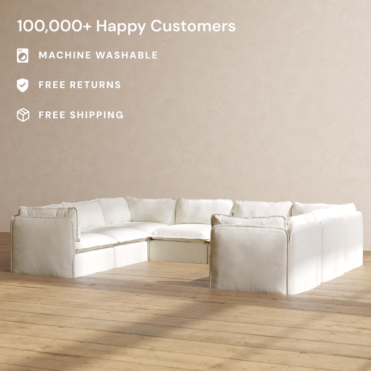 Modular Washable 8-Seater U-Sectional in Eggshell | Deluxe+ Seat | Cloud Pillow