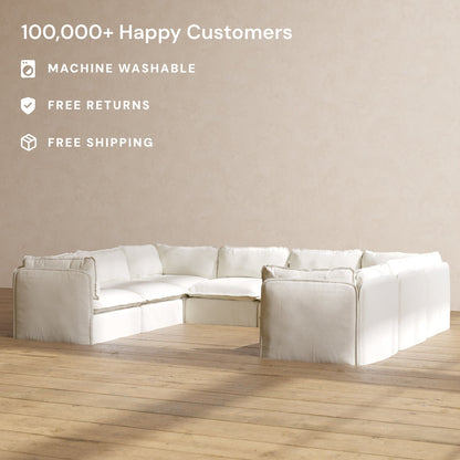 Modular Washable 8-Seater U-Sectional in Eggshell | Deluxe+ Seat | Cloud Pillow