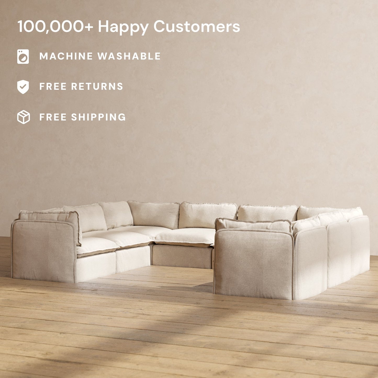 Modular Washable 8-Seater U-Sectional in Oat | Deluxe+ Seat | Cloud Pillow