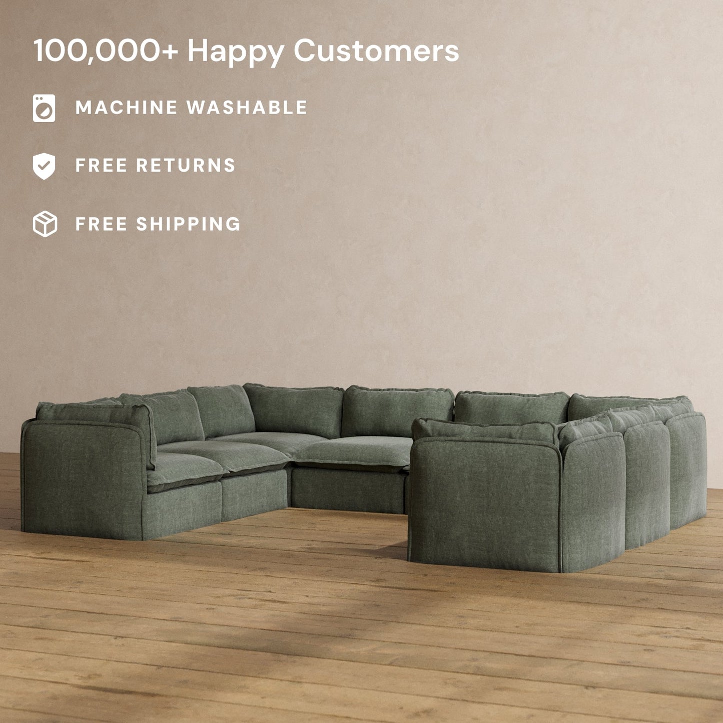Modular Washable 8-Seater U-Sectional in Willow | Deluxe+ Seat | Cloud Pillow