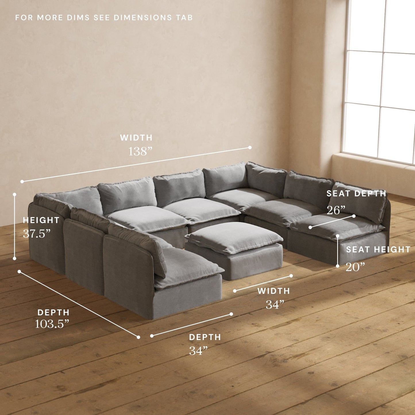 Modular Washable 8-Seater Open-Ends U-Sectional + Ottoman in Ash | Deluxe+ Seat | Cloud Pillow