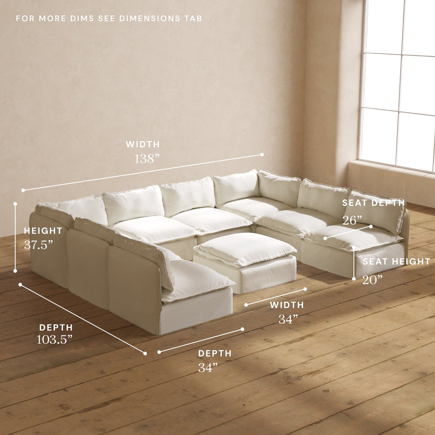 Modular Washable 8-Seater Open-Ends U-Sectional + Ottoman in Eggshell | Deluxe+ Seat | Cloud Pillow
