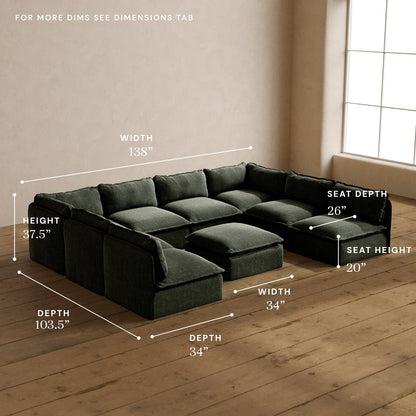 Modular Washable 8-Seater Open-Ends U-Sectional + Ottoman in Willow | Deluxe+ Seat | Cloud Pillow