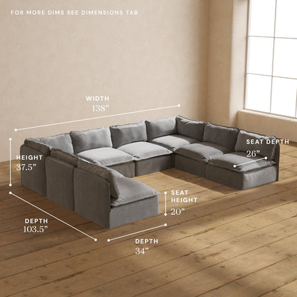 Modular Washable 8-Seater Open-Ends U-Sectional in Ash | Deluxe+ Seat | Cloud Pillow