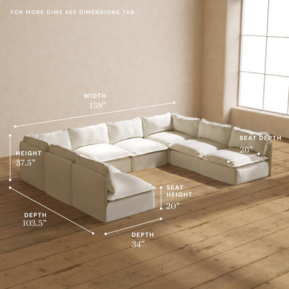 Modular Washable 8-Seater Open-Ends U-Sectional in Eggshell | Deluxe+ Seat | Cloud Pillow