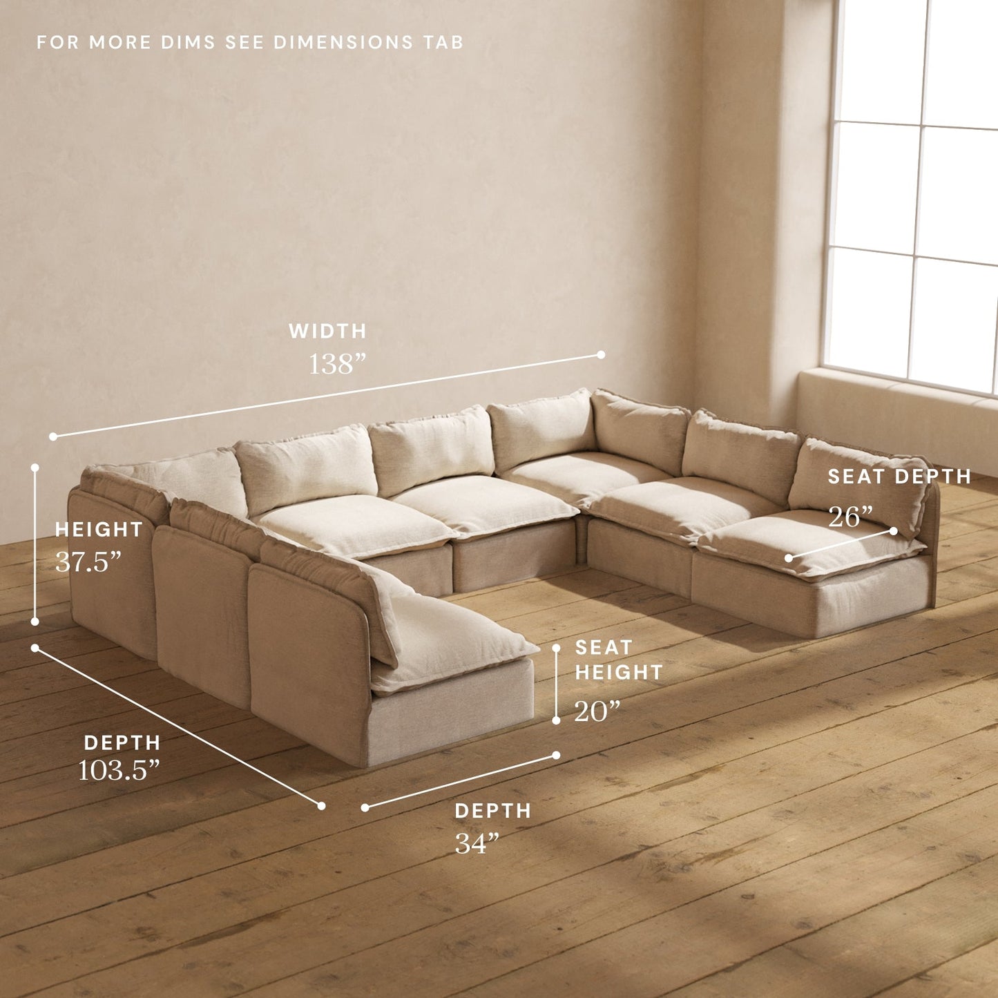 Modular Washable 8-Seater Open-Ends U-Sectional in Oat | Deluxe+ Seat | Cloud Pillow