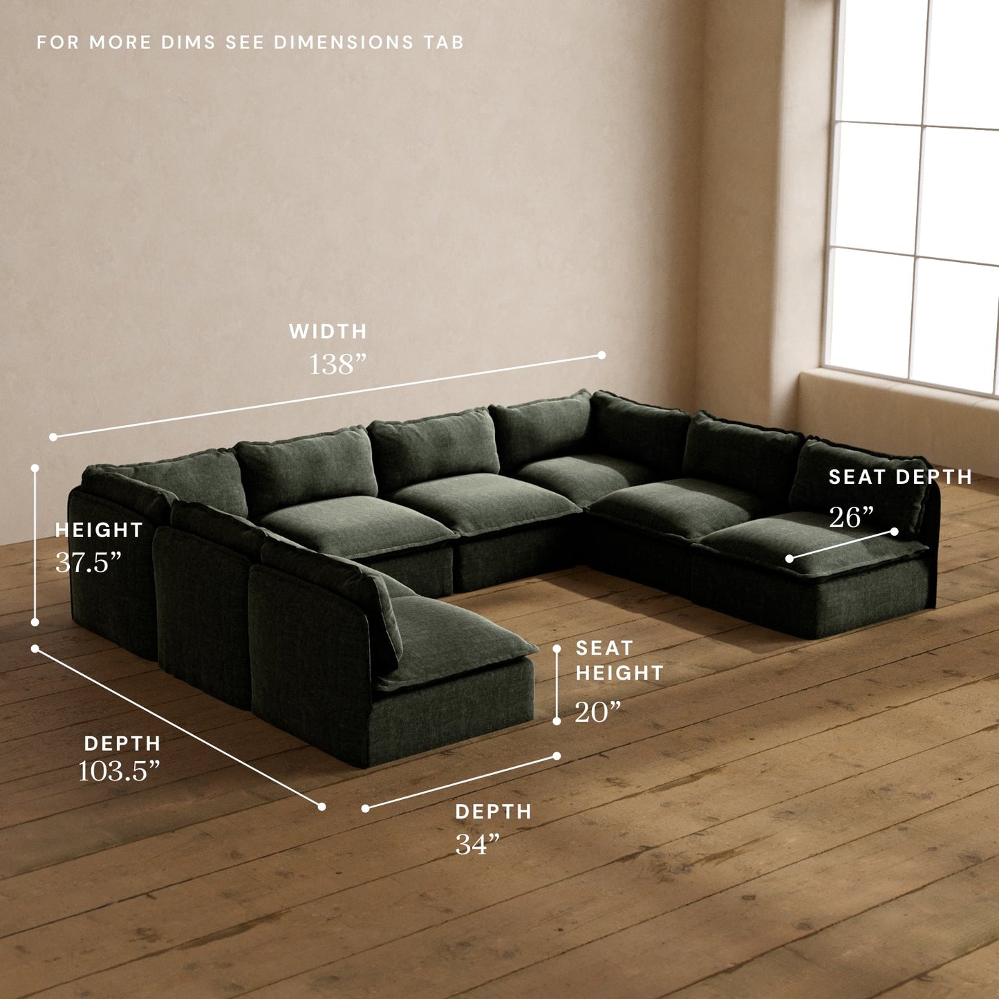 Modular Washable 8-Seater Open-Ends U-Sectional in Willow | Deluxe+ Seat | Cloud Pillow