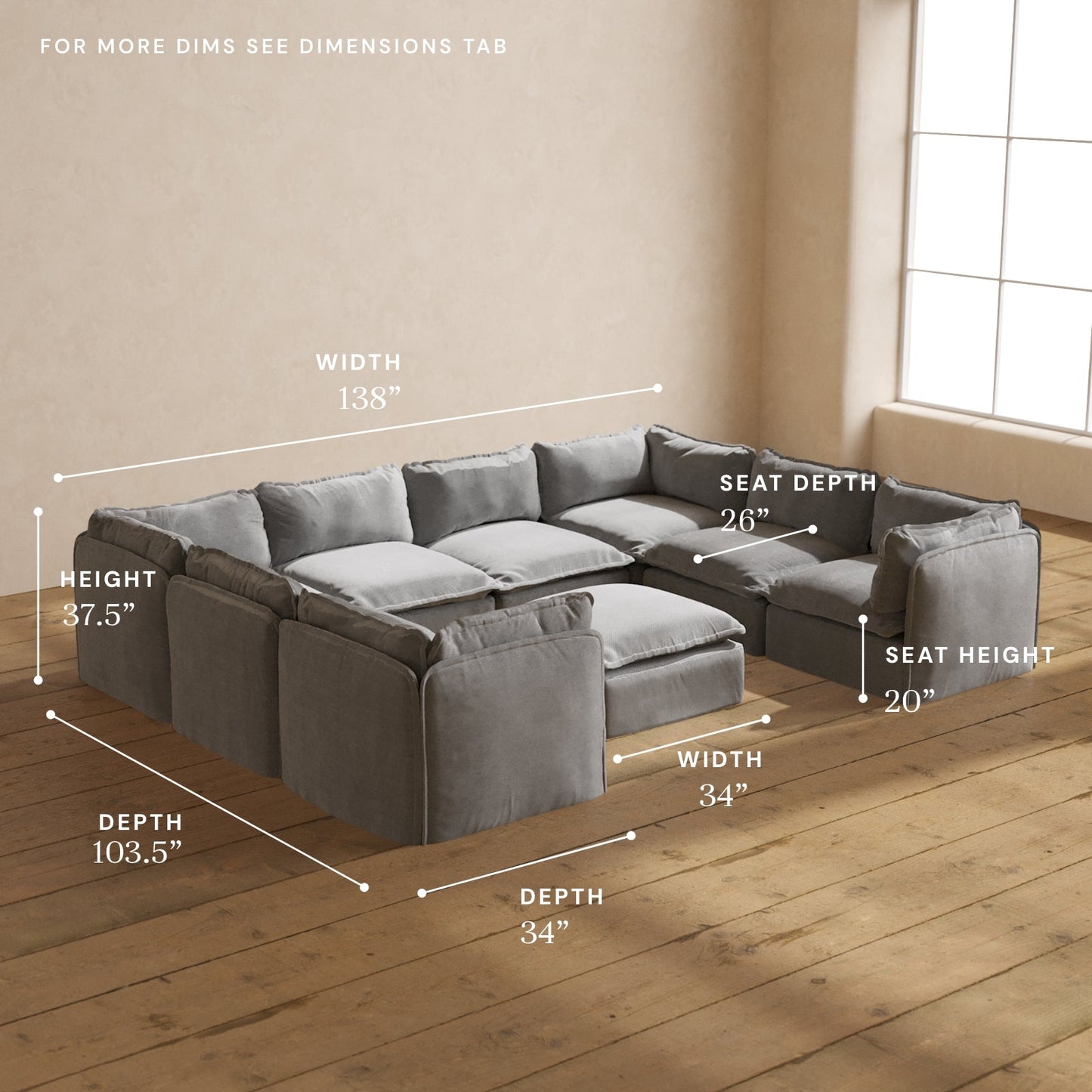 Modular Washable 8-Seater U-Sectional + Ottoman in Ash | Deluxe+ Seat | Cloud Pillow