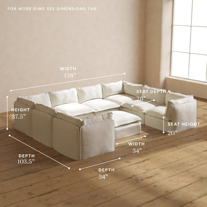 Modular Washable 8-Seater U-Sectional + Ottoman in Eggshell | Deluxe+ Seat | Cloud Pillow