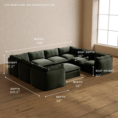 Modular Washable 8-Seater U-Sectional + Ottoman in Willow | Deluxe+ Seat | Cloud Pillow