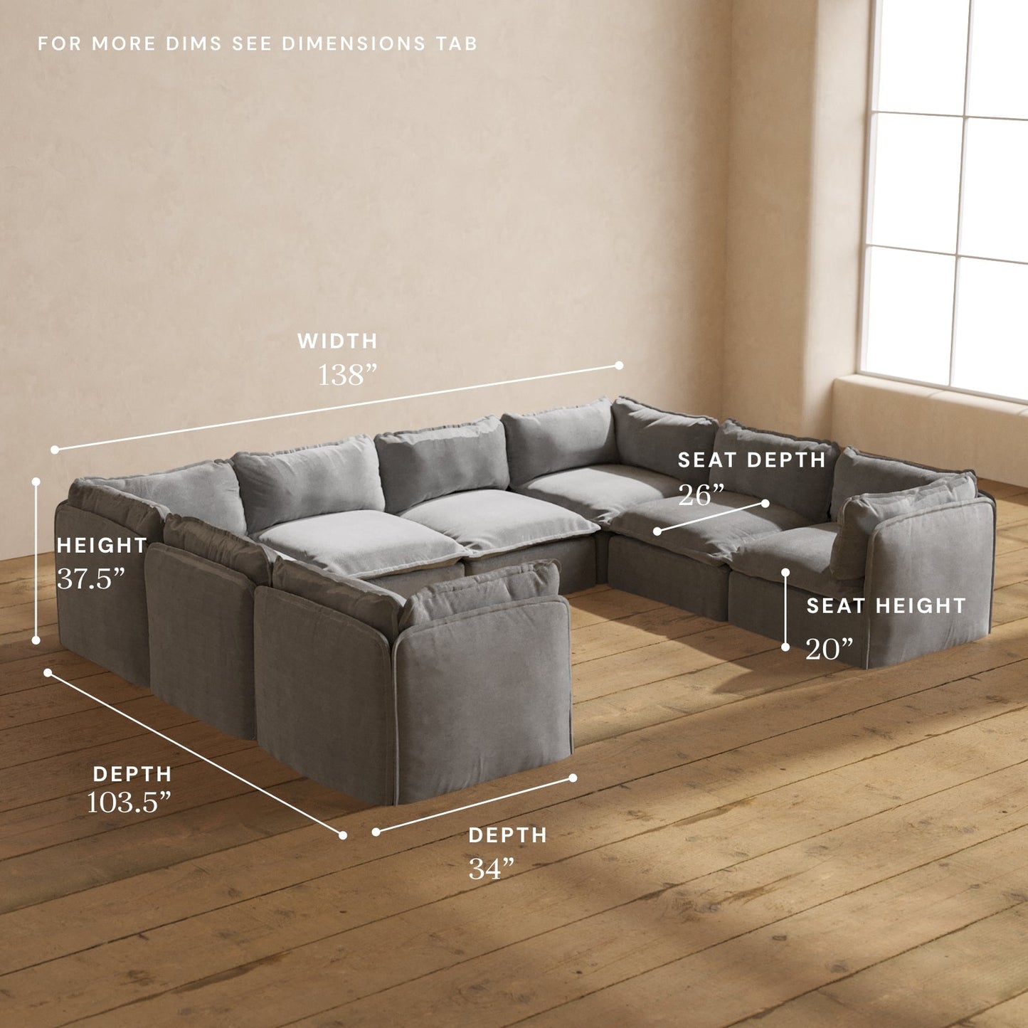 Modular Washable 8-Seater U-Sectional in Ash | Deluxe+ Seat | Cloud Pillow