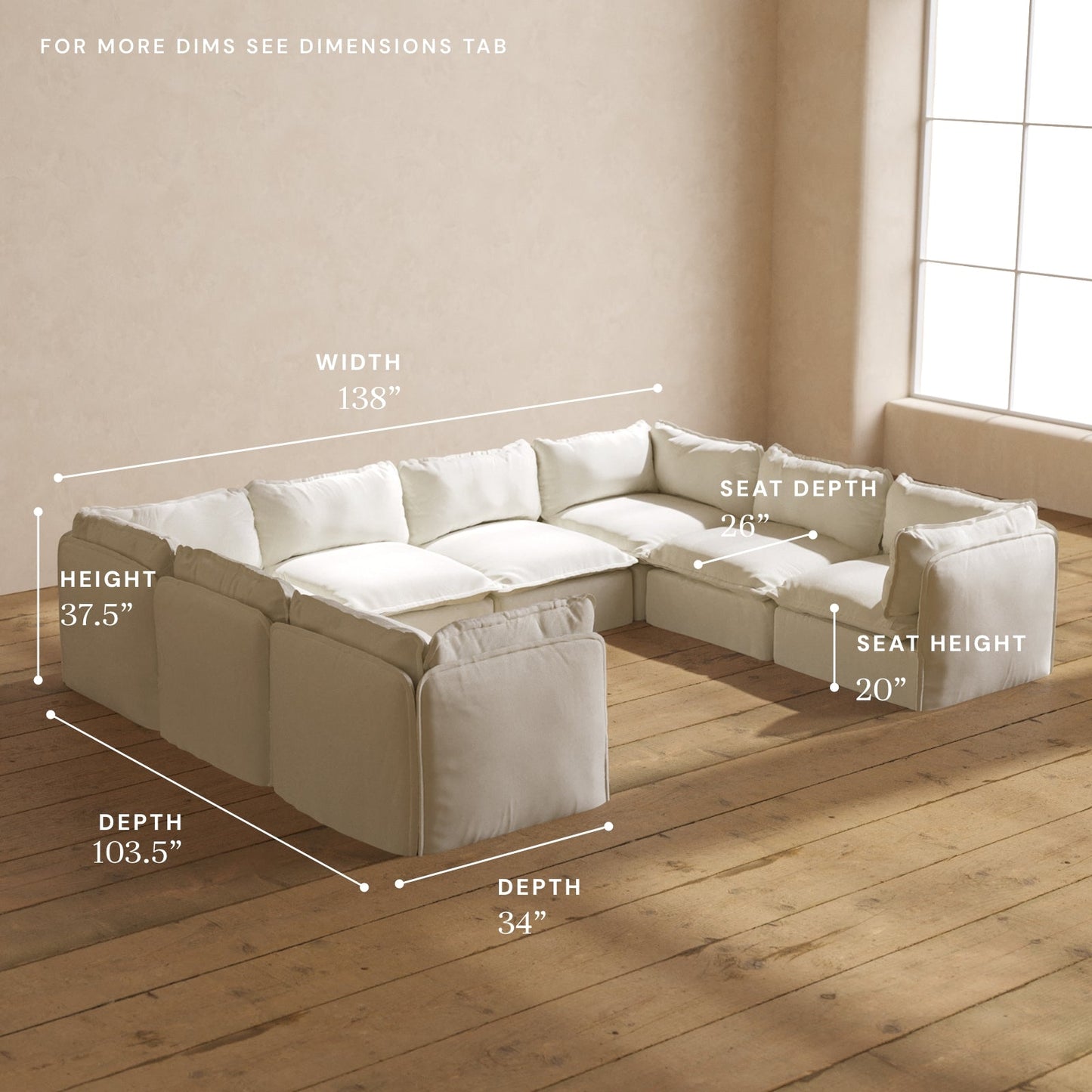 Modular Washable 8-Seater U-Sectional in Eggshell | Deluxe+ Seat | Cloud Pillow