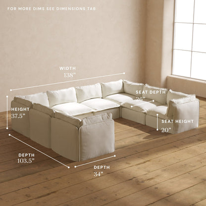 Modular Washable 8-Seater U-Sectional in Eggshell | Deluxe+ Seat | Cloud Pillow
