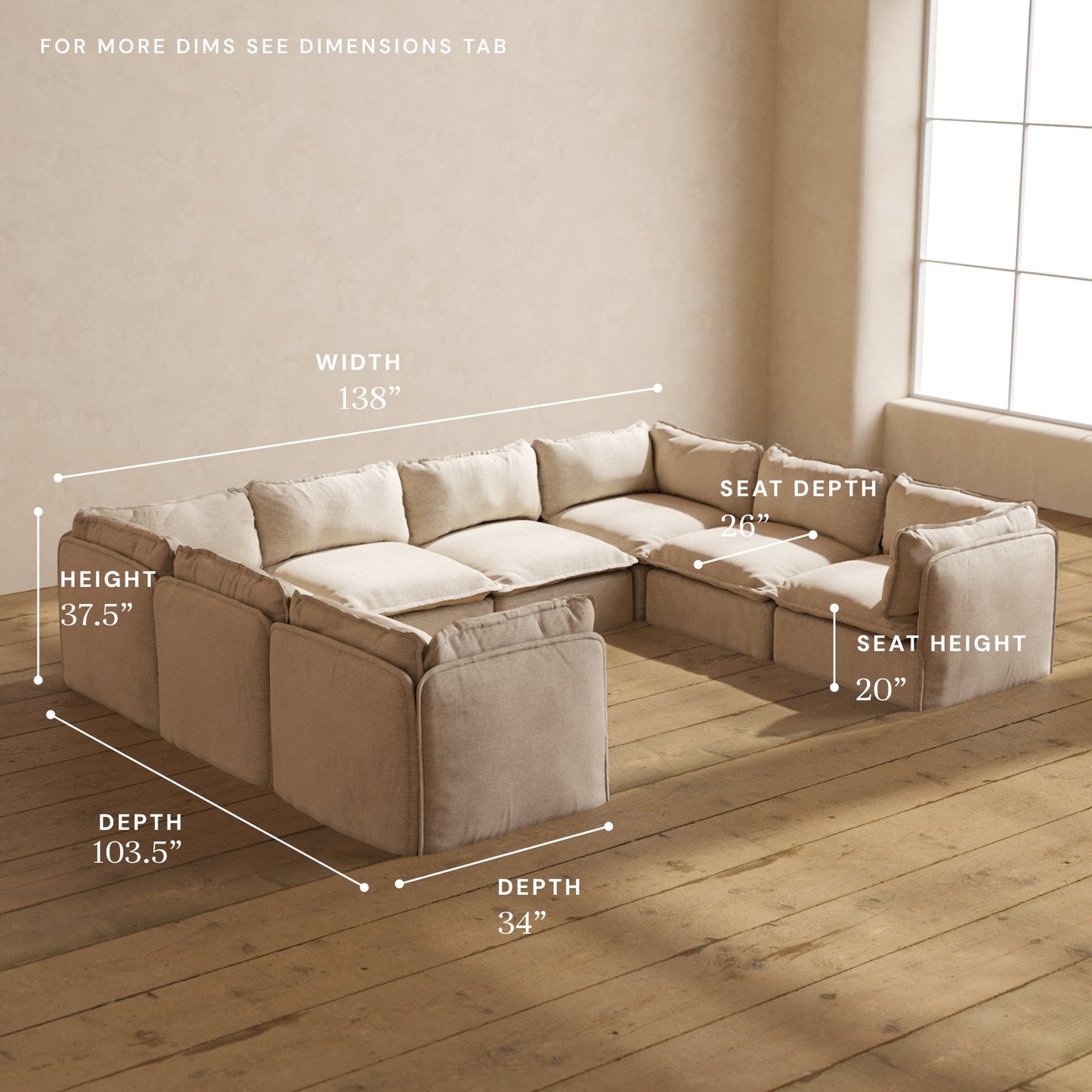 Modular Washable 8-Seater U-Sectional in Oat | Deluxe+ Seat | Cloud Pillow