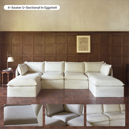 Modular Washable 8-Seater Open-Ends U-Sectional in Eggshell | Deluxe+ Seat | Cloud Pillow