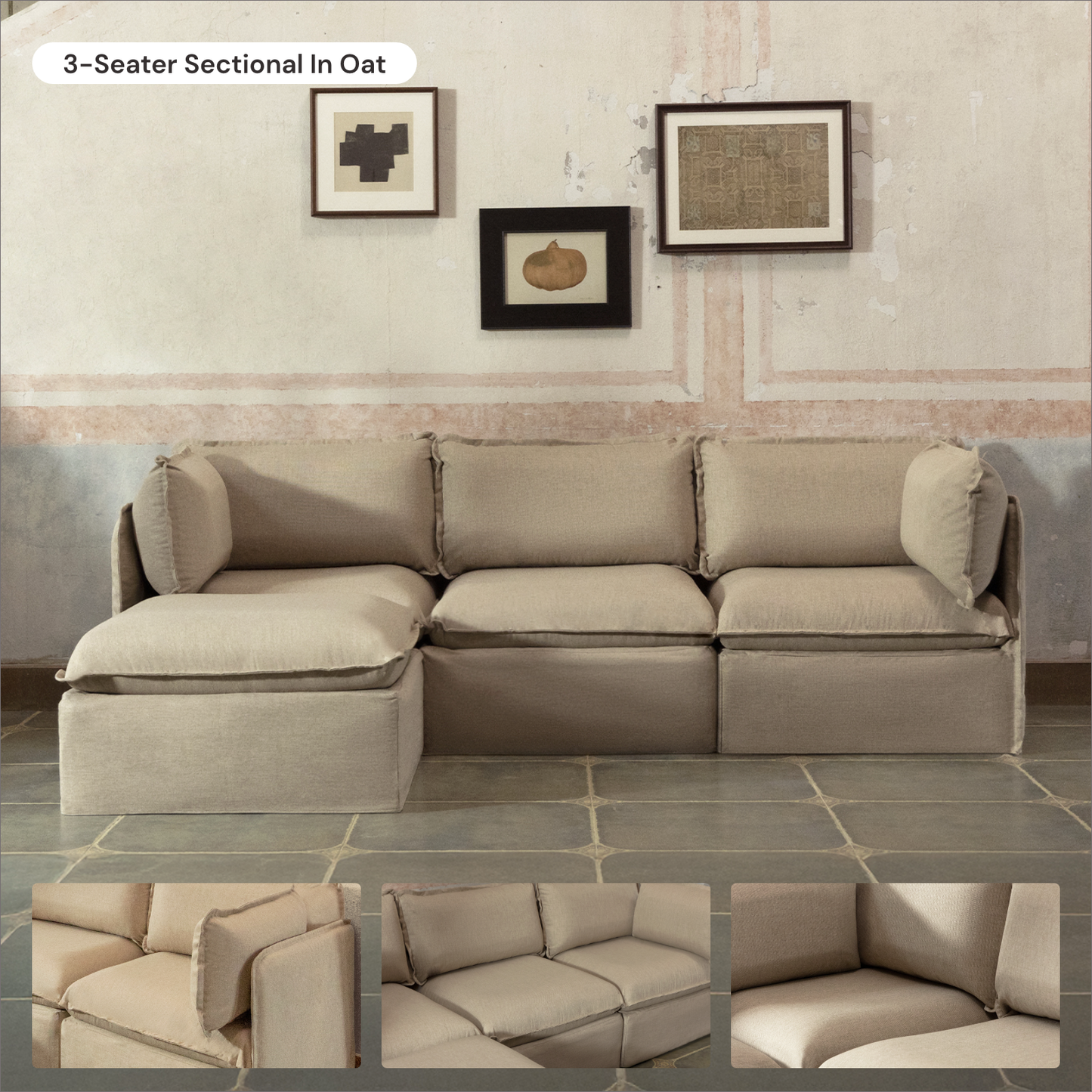 Modular Washable 8-Seater Open-Ends U-Sectional in Oat | Deluxe+ Seat | Cloud Pillow