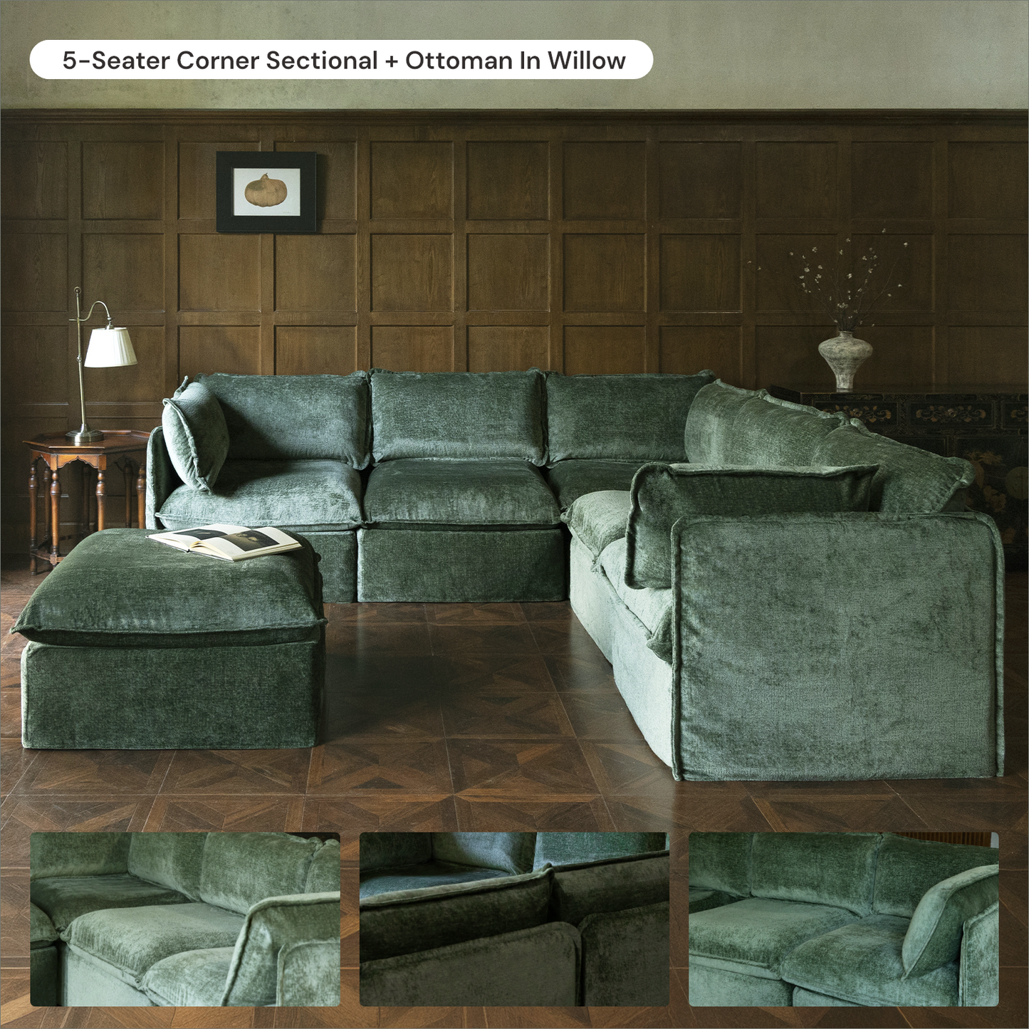 Modular Washable 8-Seater Open-Ends U-Sectional + Ottoman in Willow | Deluxe+ Seat | Cloud Pillow